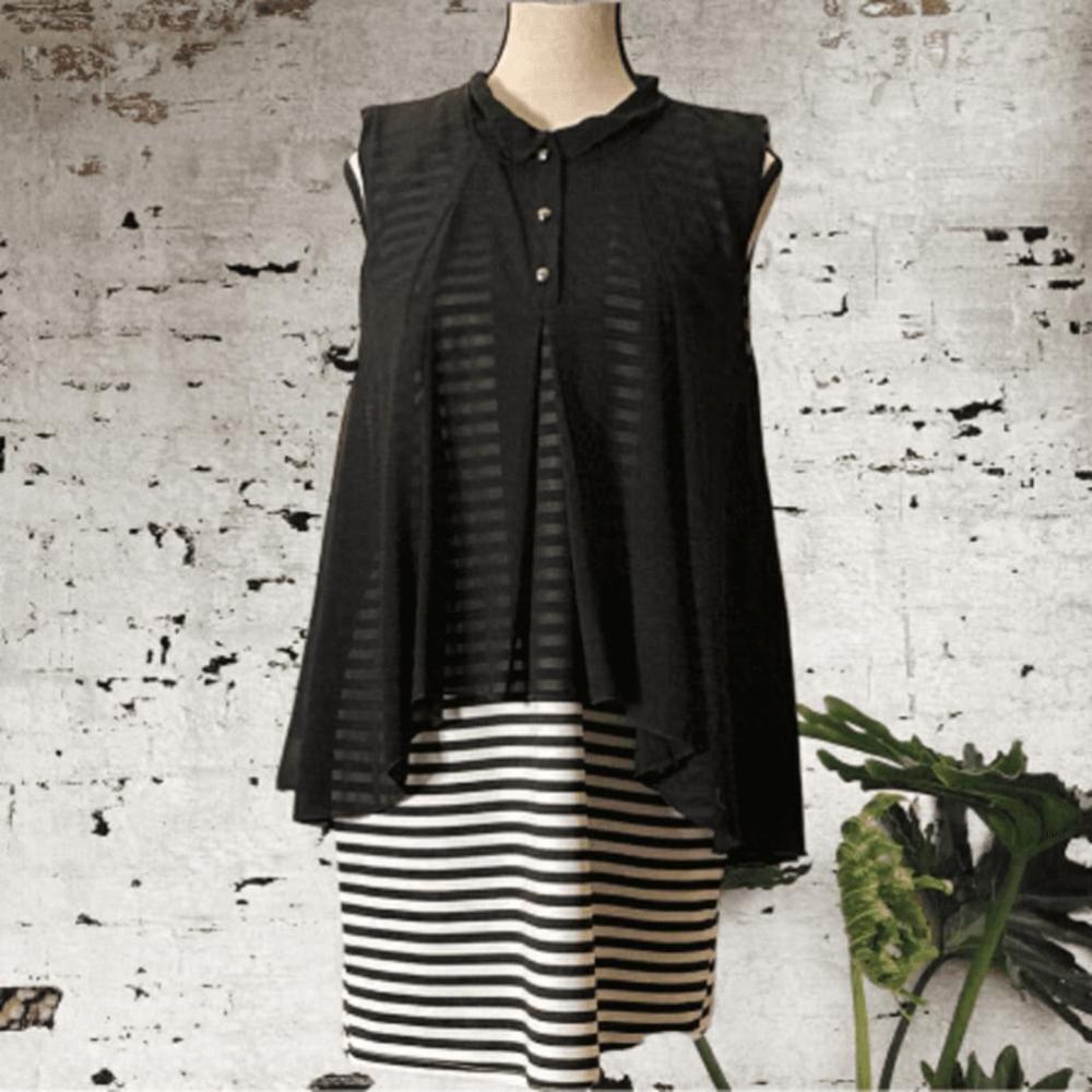 LAVENA- black & white stripe sleeveless dress with sheer black swing overlay